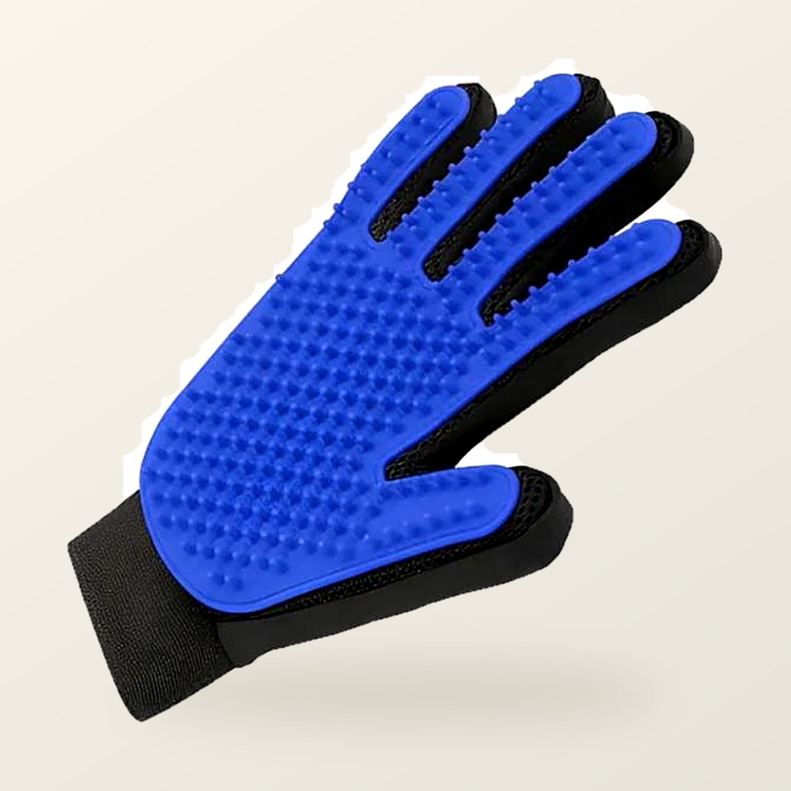 Blue silicone grooming glove with soft rubber nubs and a black mesh back, on a warm cream background